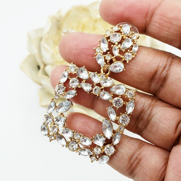 Goldtone Square Earrings • Pierced • Bling - Picture 3 of 4